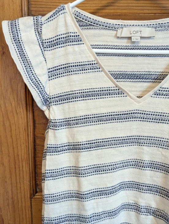 LOFT Cream and Navy Striped V-Neck 100% Cotton Flutter Sleeve Mini Dress - Small - Picture 3 of 6